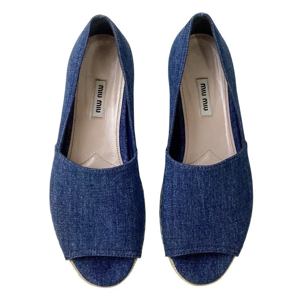 Miu Miu Blue Denim Platform Espadrille Sandals Sz 39.5 Peep Toe Designer